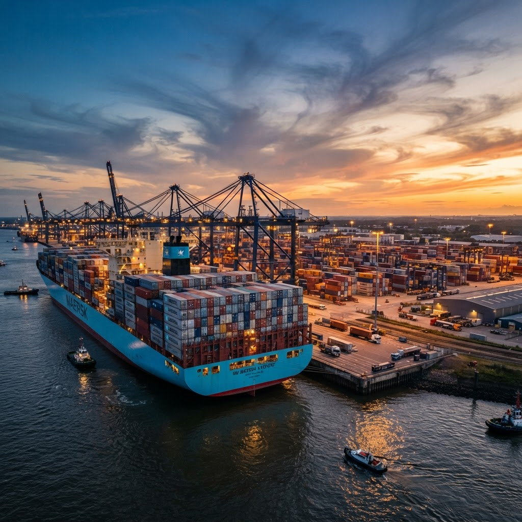 Navio cargueiro atracado em porto industrial ao entardecer